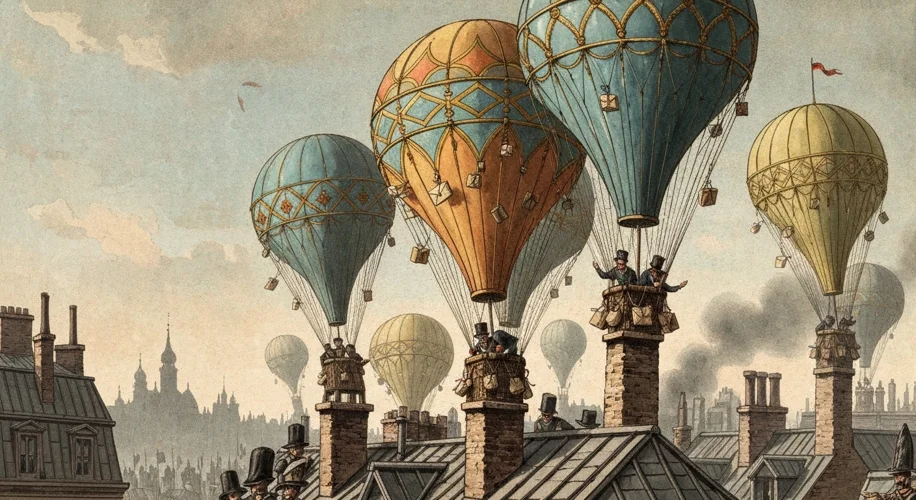 A vintage illustration of hot air balloons ascending from Paris during the 1870-1871 siege, carrying