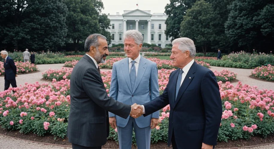 A historical photograph of Israeli Prime Minister Yitzhak Rabin and PLO Chairman Yasser Arafat shaki