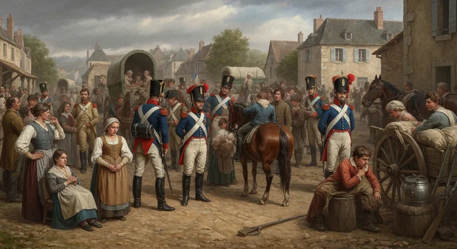 A dramatic scene of French conscripts being drafted in a village square during the Napoleonic era, w