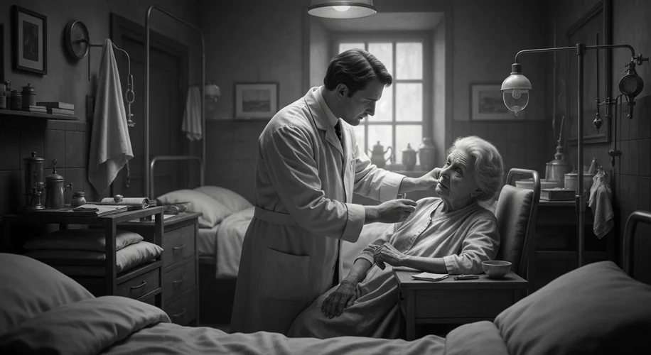 A somber, black and white photograph of a dimly lit 1900s German hospital ward, with a gentle but co