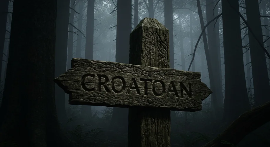 A dimly lit, weathered wooden signpost in a dense, misty forest. The sign has faint carvings, one of