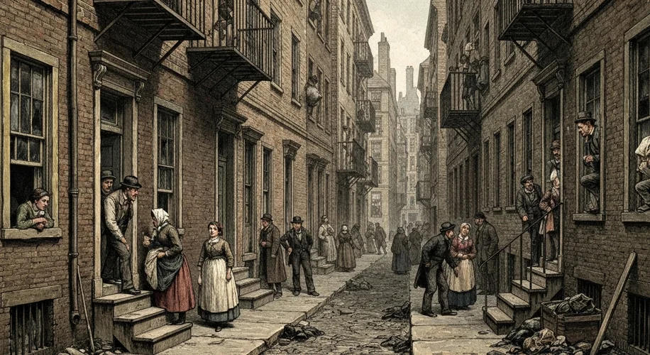 A 19th-century illustration depicting crowded tenement housing in New York City, with immigrants vis