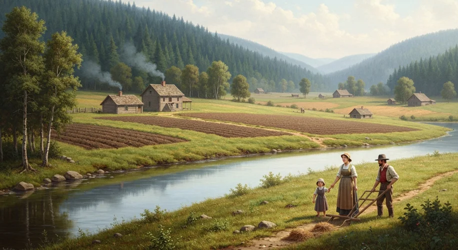 A serene landscape painting of early Upper Canada, with modest wooden homes and cleared fields set a