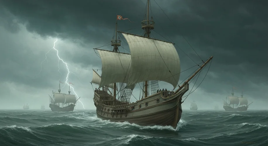 A 15th-century Portuguese caravel sailing on a stormy sea, with caravels in the distance. The sky is