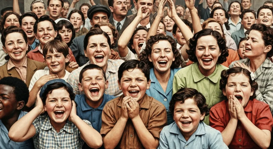 A jubilant crowd celebrating the announcement of the polio vaccine in 1955, with children and parent