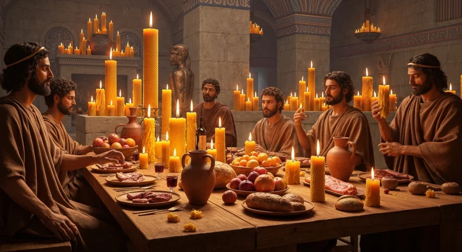 A reconstructed scene of a Mycenaean feast, with people gathered around a table laden with food and