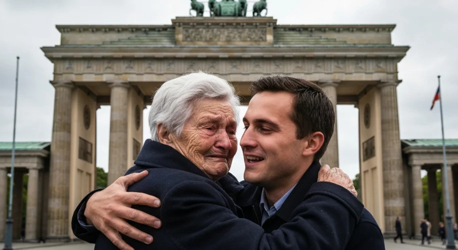 An elderly East German woman weeps as she embraces her son who managed to escape to West Berlin year