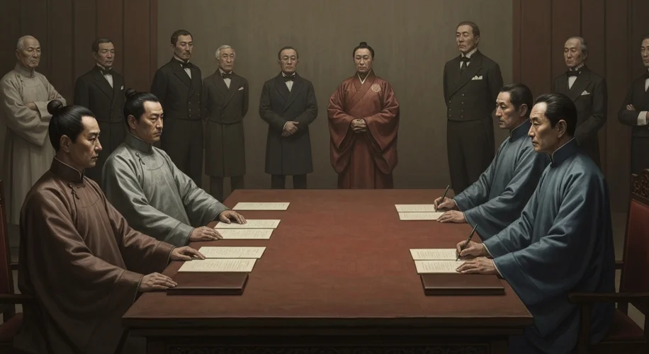 A somber depiction of a treaty signing ceremony between Chinese and Japanese officials, with Europea