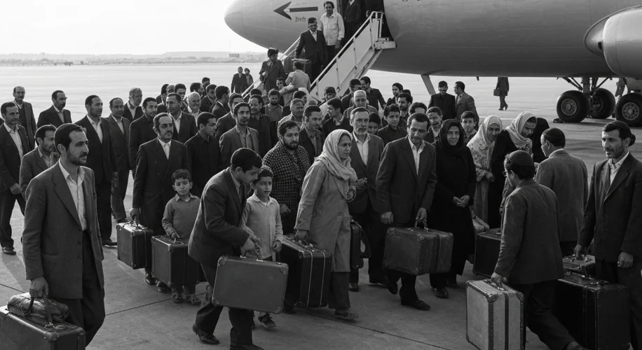 A black and white photograph showing a large group of Jewish Iraqis gathered at an airport tarmac, b