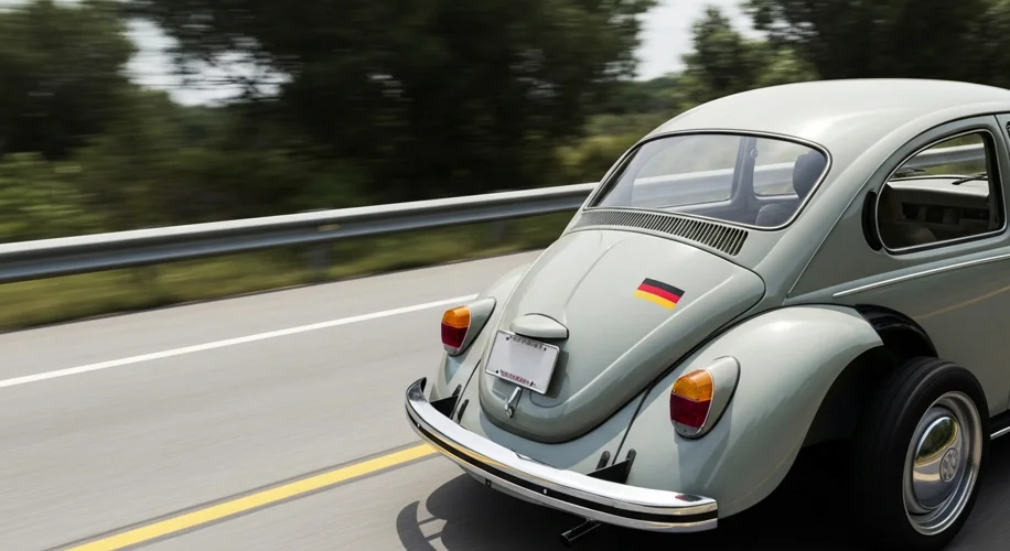 A vintage 1970s photograph of a Volkswagen Beetle driving down an American highway, with a German fl