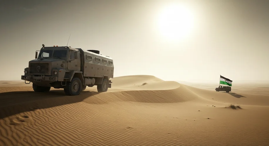 A stark desert landscape in Western Sahara with a Moroccan military truck patrolling near a sand dun