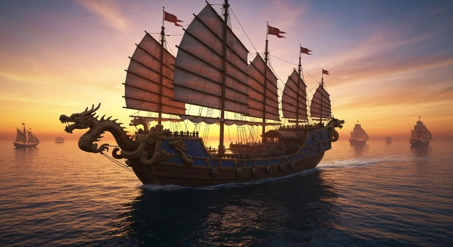 A massive Chinese treasure junk, with multiple sails and ornate dragon figureheads, sailing on a cal