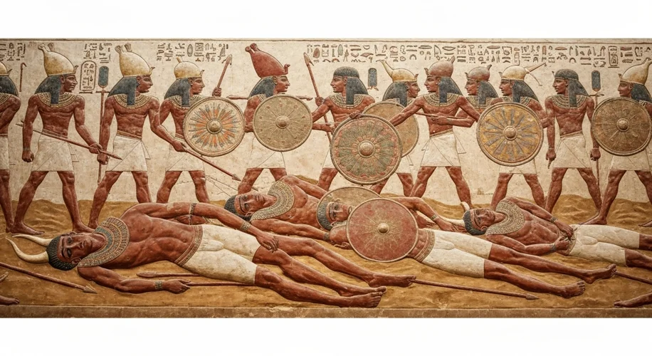 A detailed close-up of a section of the Medinet Habu reliefs, showing slain 'Sea Peoples' warriors w