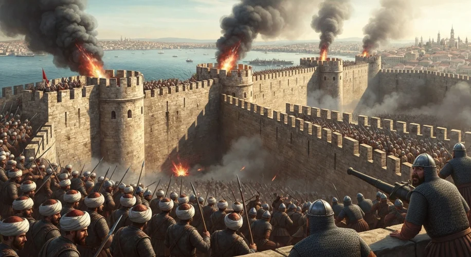 A wide shot of the massive Theodosian Walls of Constantinople under siege, with smoke rising from ca