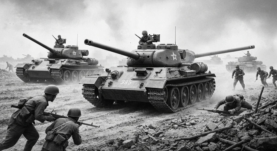 A black and white photograph depicting North Korean T-34 tanks advancing across a dusty, war-torn la