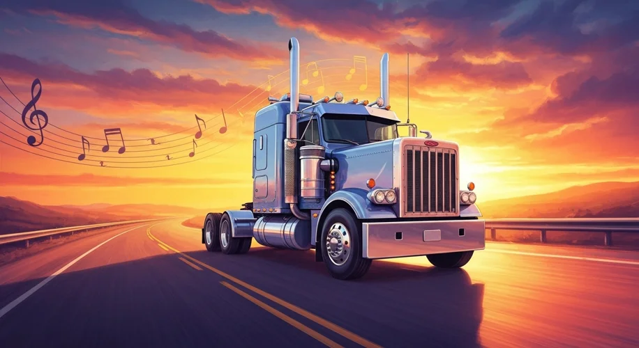 A stylized illustration of a classic 1970s semi-truck, chrome gleaming, driving down a highway at su