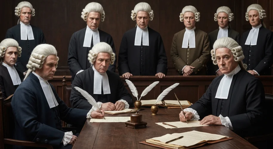 A 17th-century colonial courtroom scene with a stern-faced judge, bewigged lawyers, and a group of s