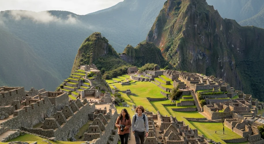 A panoramic view of Machu Picchu, showing its intricate stone terraces climbing steep mountainsides,