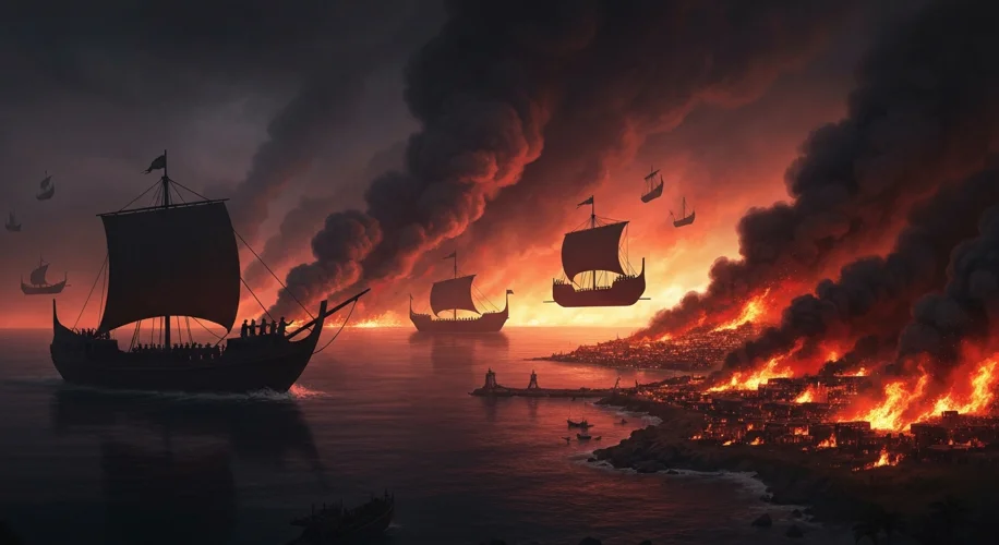 A stylized, dramatic depiction of ancient ships with distinctive sails approaching a burning coastal