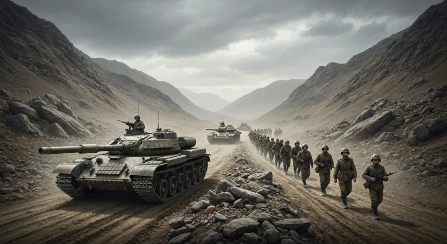 A column of Soviet T-64 tanks advancing through a rocky, desolate Afghan valley, with soldiers on fo