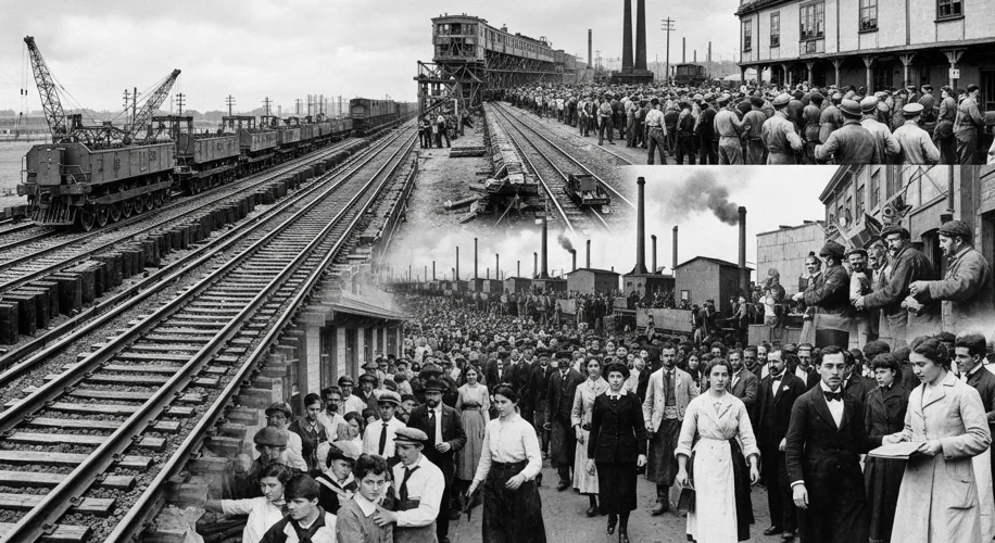 A montage of historical images depicting the construction of the Transcontinental Railroad, early Am