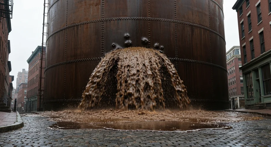 A towering, rusty steel molasses tank on a street in Boston's North End, circa 1919. The tank is vis