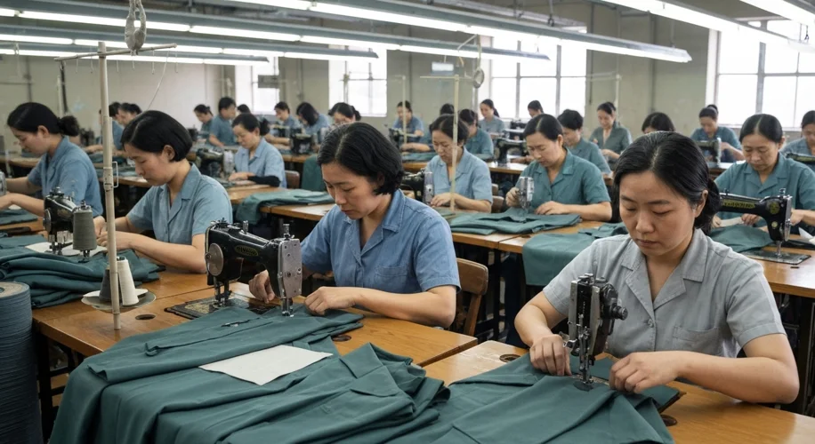 Chinese-American women working in a textile factory during WWII, sewing uniforms. They are focused o