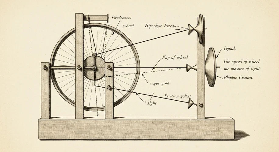A diagram illustrating Hippolyte Fizeau's experiment with a toothed wheel and mirrors to measure the