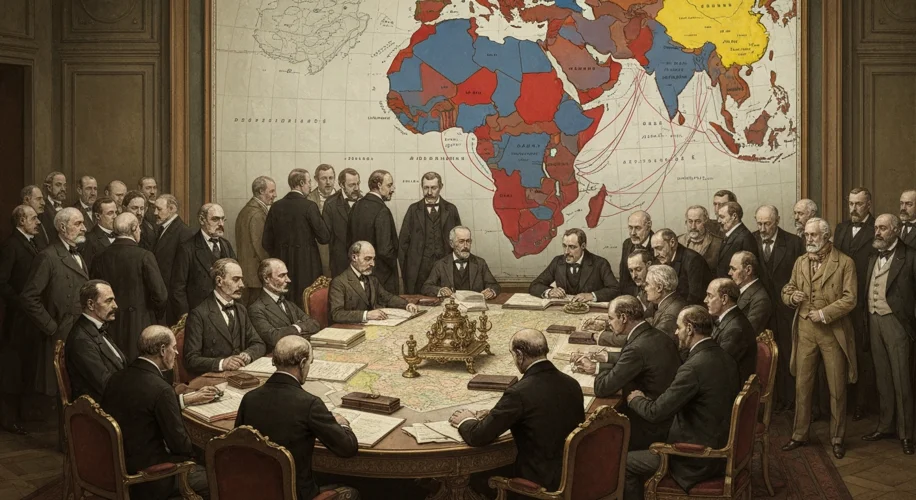 An illustration depicting the Berlin Conference of 1884-1885, with European diplomats gathered aroun