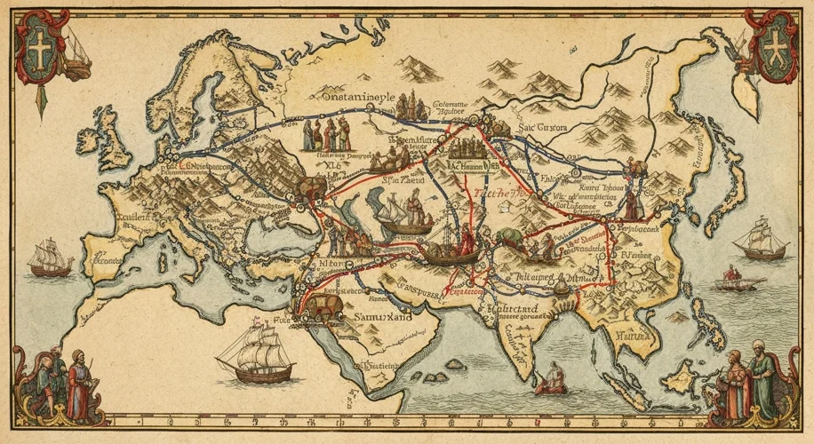 A medieval map illustrating the vast network of the Silk Road, highlighting key cities and trade rou