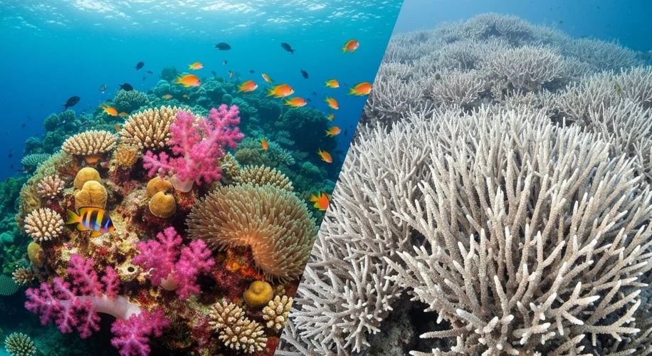 A split image showing a vibrant, colorful coral reef teeming with fish on one side, and a stark whit