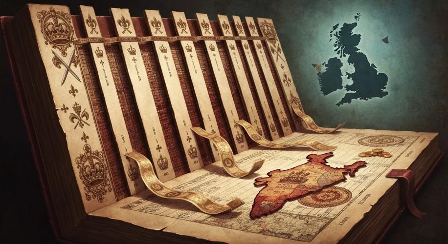 A stylized, slightly distressed illustration depicting a ledger with ornate British imperial symbols