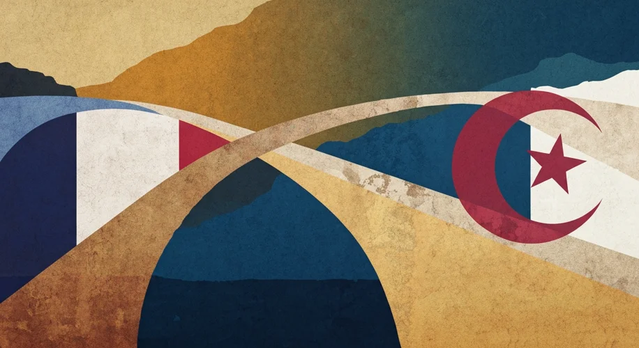 A symbolic image representing the Franco-Algerian Accords of 1968, perhaps showing clasped hands wit