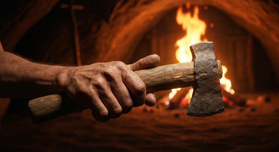 An ancient human hand, clearly left-handed, holding a crudely fashioned stone axe. The background su