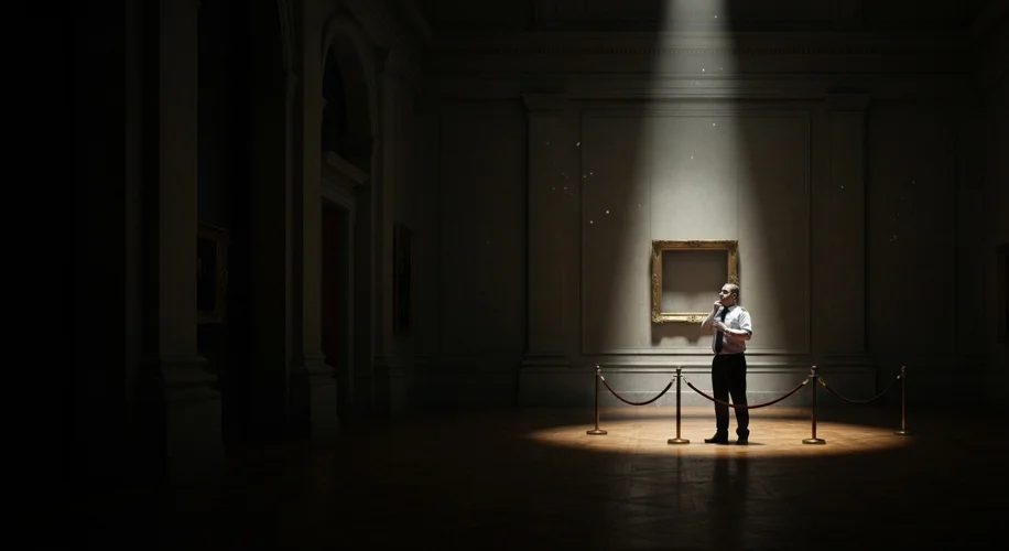 A dimly lit, grand museum hall with a missing painting from a wall, casting a long shadow. A single