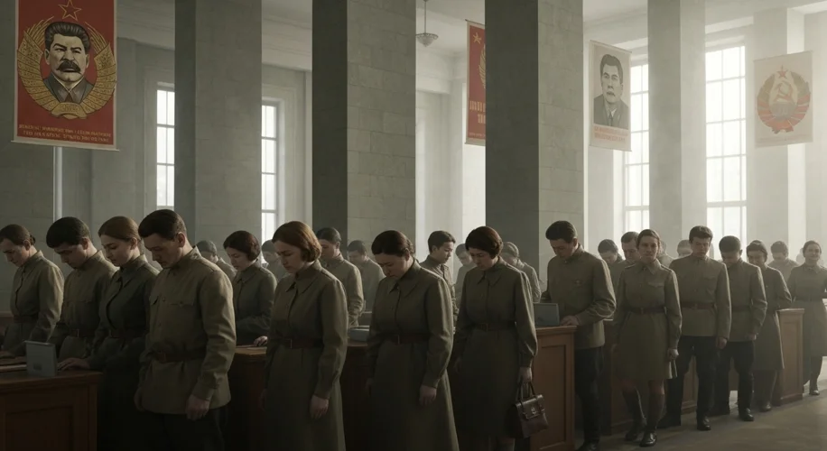 Soviet citizens lining up to vote in the 1937 Supreme Soviet election, with propaganda posters visib