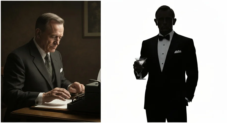 A split image showing Ian Fleming at his typewriter on one side, and a classic silhouette of James B