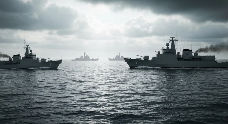 A tense scene in the Taiwan Strait with Chinese and Taiwanese naval vessels in close proximity, the 