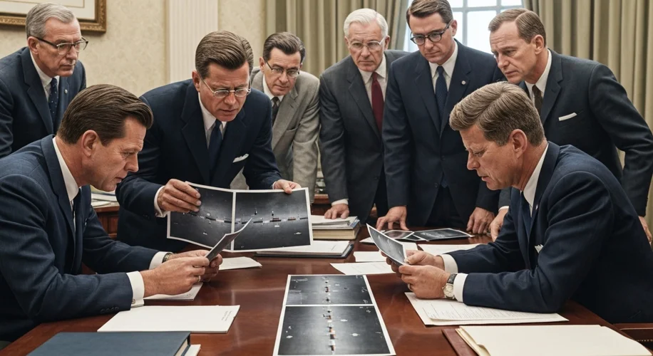 A tense meeting in the Oval Office, with President John F. Kennedy and his advisors poring over U-2