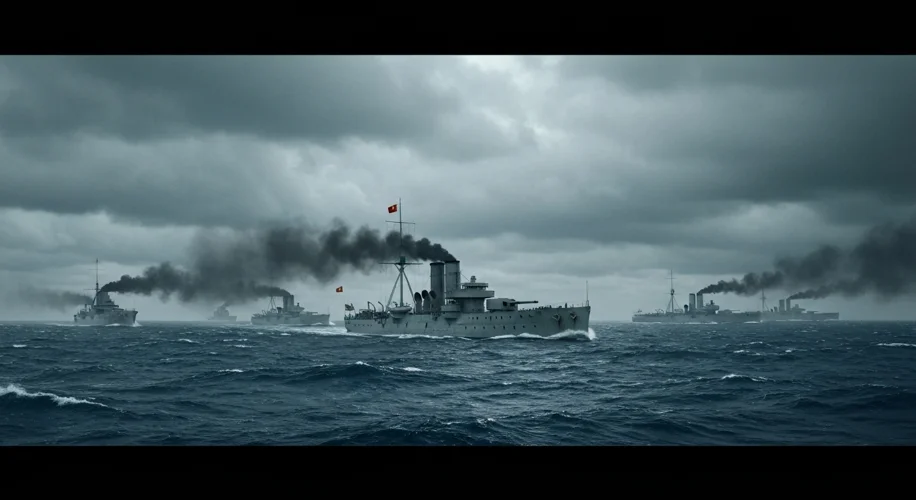 A dramatic, wide-angle view of the Beiyang Fleet sailing in formation, highlighting the powerful iro