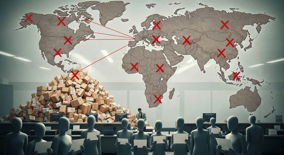 A visual representation of global postal services disrupted, with packages piling up at a U.S. custo