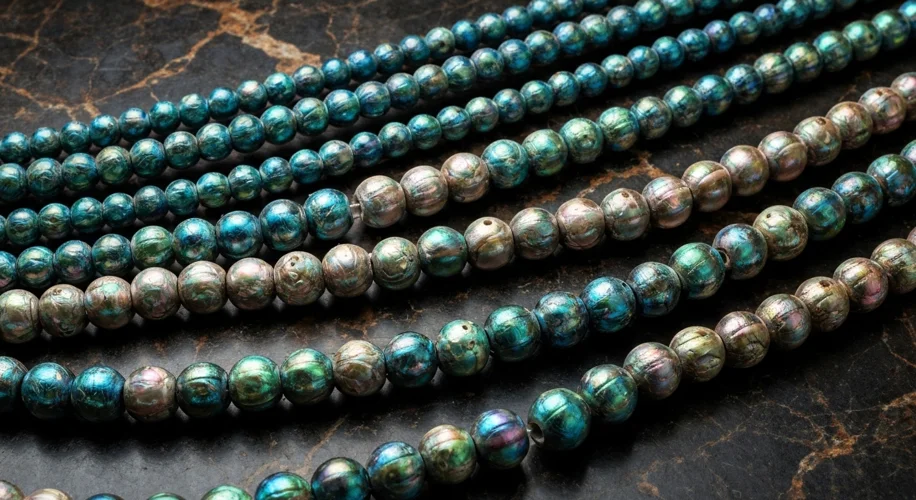 A close-up shot of ancient, iridescent shell beads, artfully arranged on a dark, textured surface, e