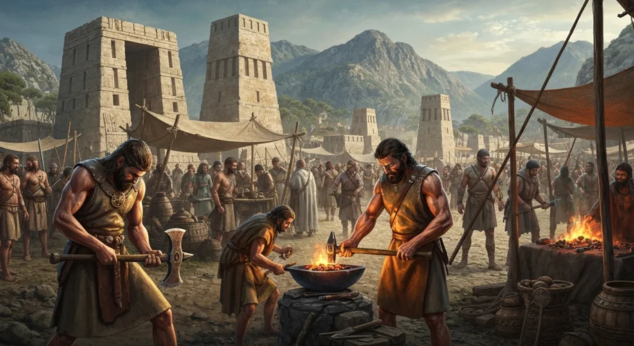 A bustling Bronze Age marketplace with traders exchanging goods. In the foreground, a smith is worki