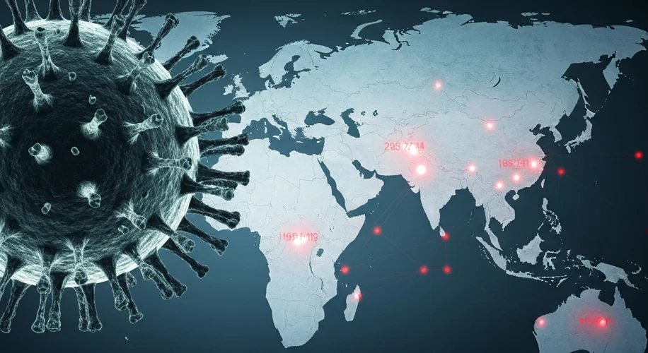 A visual representation of the H5N1 virus particle, emphasizing its spiky surface, with a background