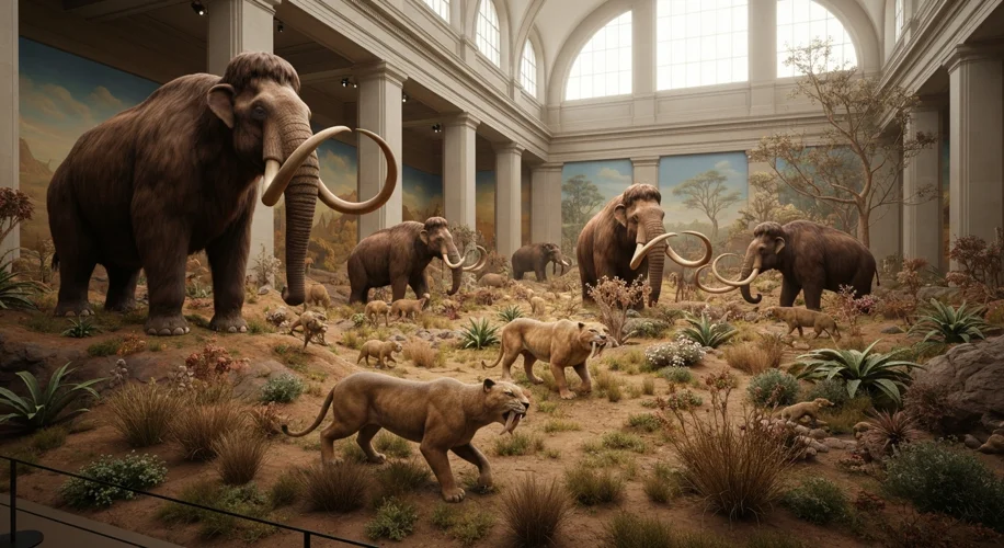 A diorama in a museum depicting a prehistoric ecosystem with mammoths, saber-toothed cats, and ancie