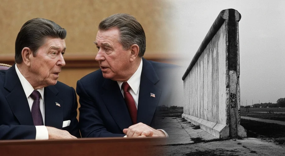 A split image showing President Ronald Reagan and Soviet leader Mikhail Gorbachev in earnest discuss