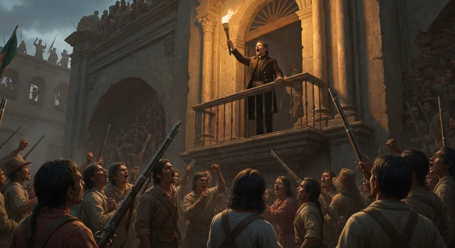 A dramatic scene in Dolores, Mexico, on September 16, 1810, where Miguel Hidalgo y Costilla, a criol