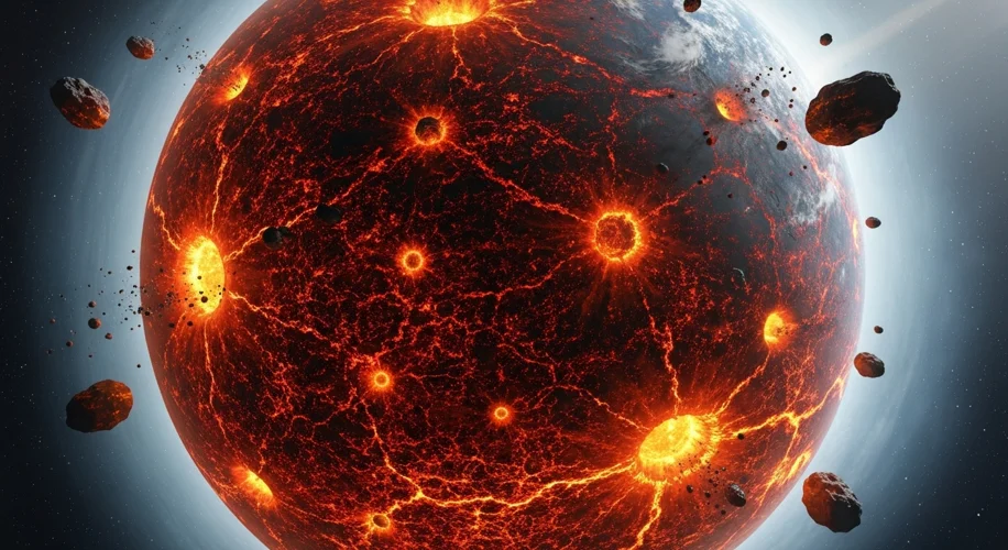 A depiction of early Earth, a turbulent sphere of molten rock and lava, with frequent asteroid impac