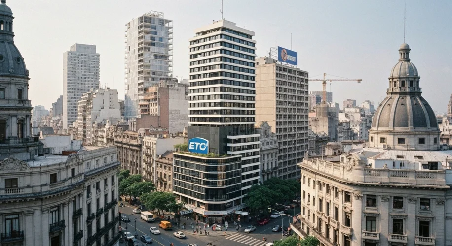 A 1990s Argentinian cityscape showing a mix of modern buildings and older structures, perhaps with a