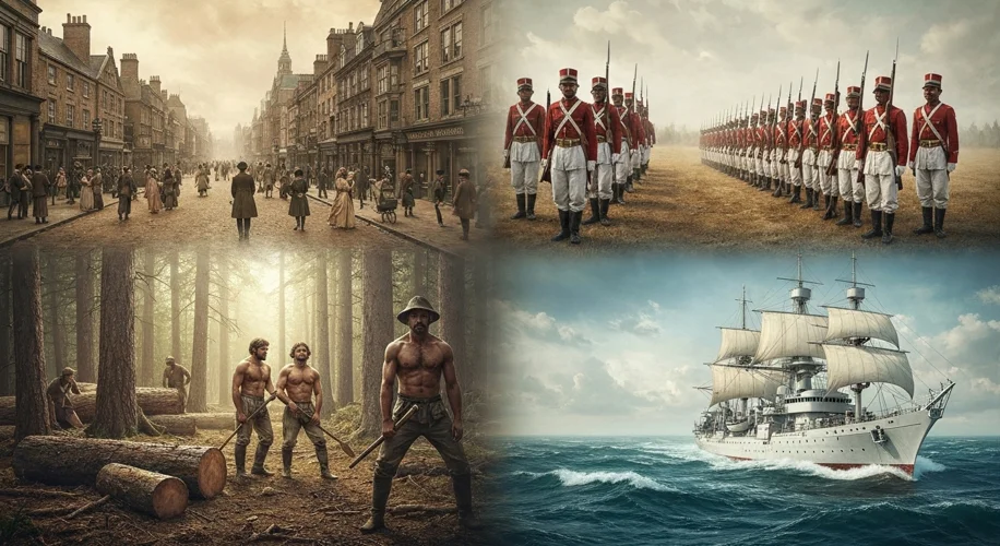 A montage showing diverse elements of the British Empire: a Victorian-era London street, Indian sold